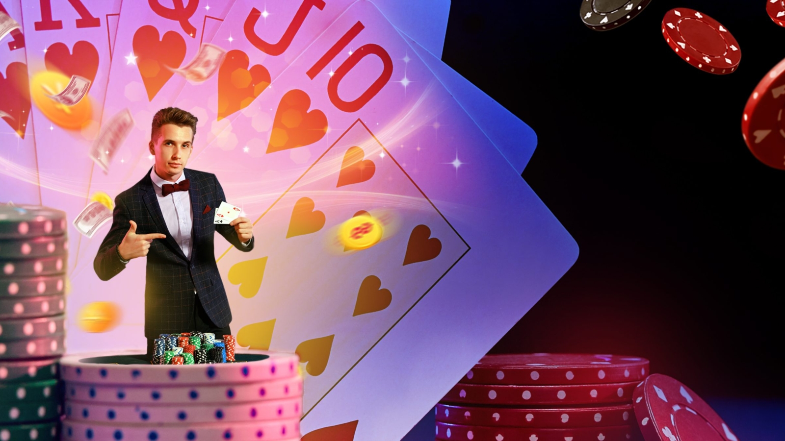 Handsome man in classic checkered suit is pointing at two aces in his hand, posing against colorful background with flying dollars and coins, playing cards and stacks of chips. Gambling, poker, casino