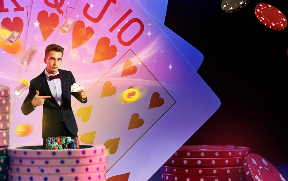 Handsome man in classic checkered suit is pointing at two aces in his hand, posing against colorful background with flying dollars and coins, playing cards and stacks of chips. Gambling, poker, casino